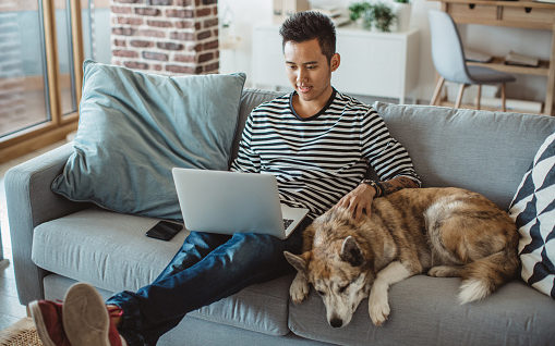 A man and his dog sitting on the couch while using a laptop